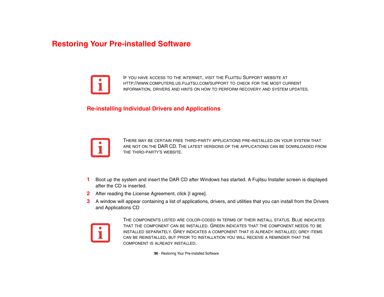 Restoring your pre-installed software, Re-installing individual drivers and applications | FUJITSU LifeBook A3210 User Manual | Page 101 / 183