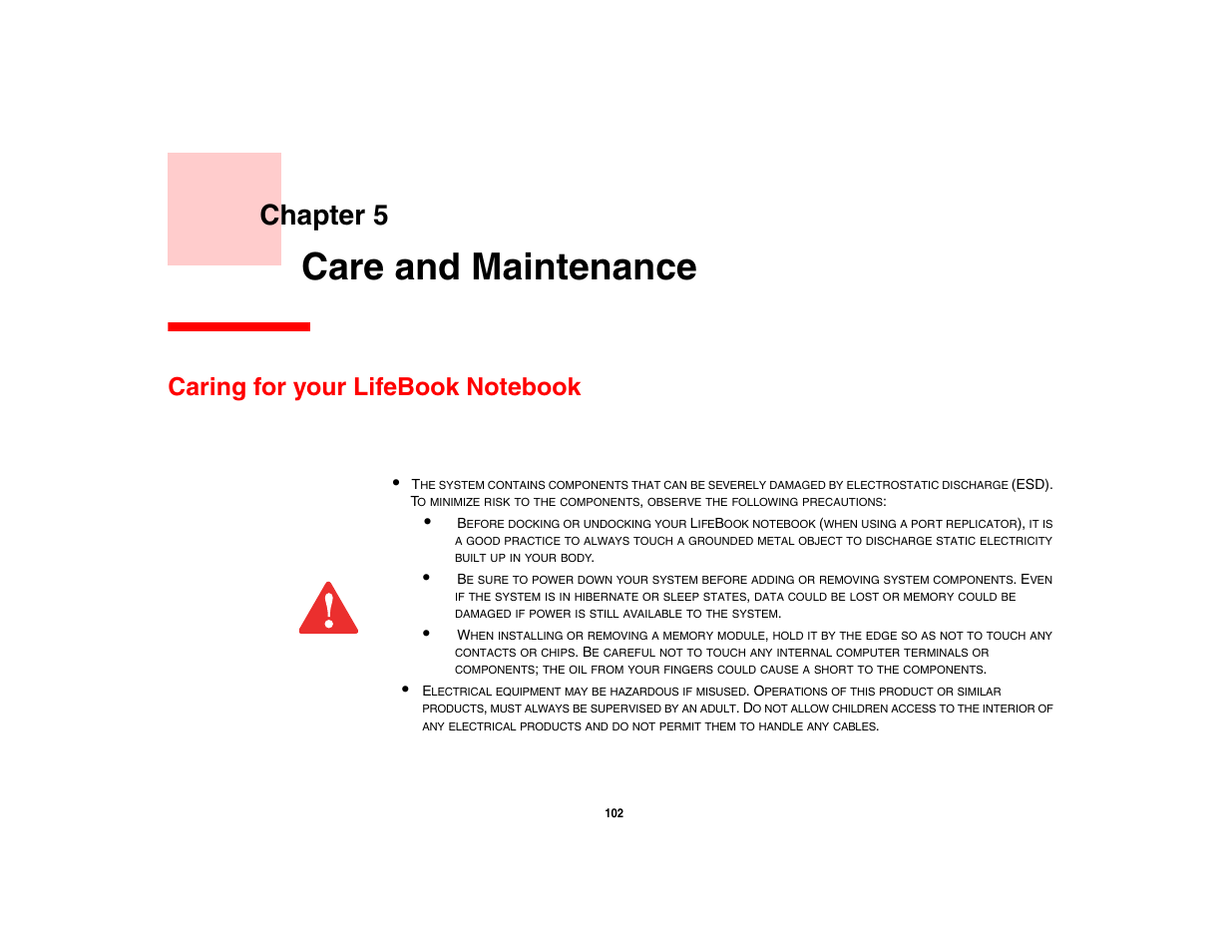 Care and maintenance, Caring for your lifebook notebook, Chapter 5 | FUJITSU LifeBook A3210 User Manual | Page 107 / 183