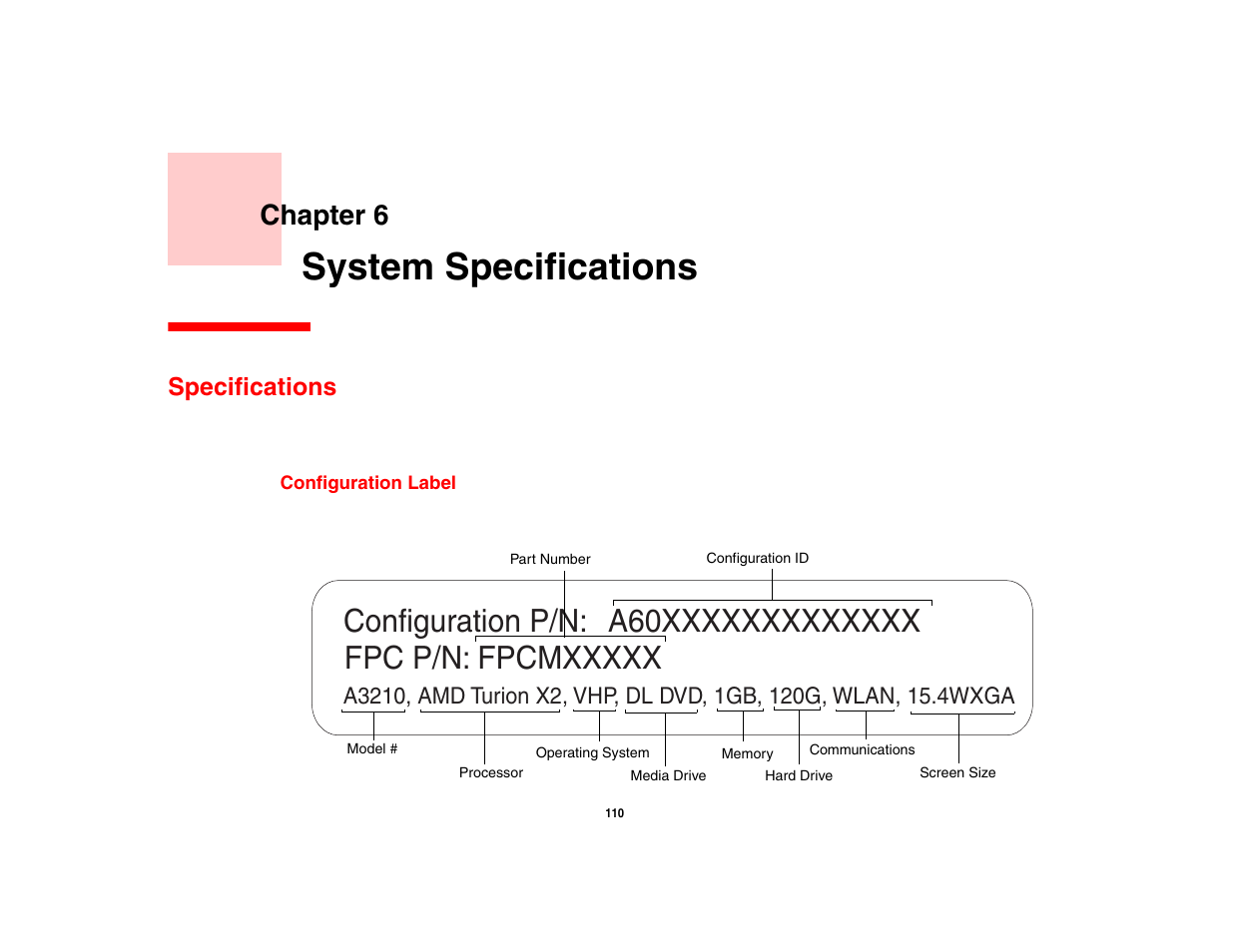 System specifications, Specifications, Configuration label | Chapter 6 | FUJITSU LifeBook A3210 User Manual | Page 115 / 183