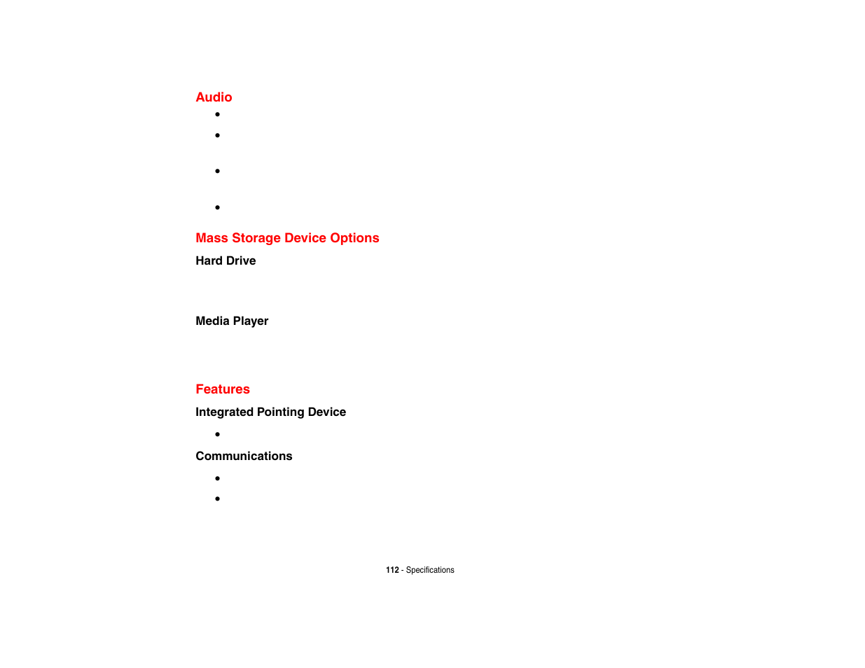 Audio, Mass storage device options, Features | Audio mass storage device options features | FUJITSU LifeBook A3210 User Manual | Page 117 / 183