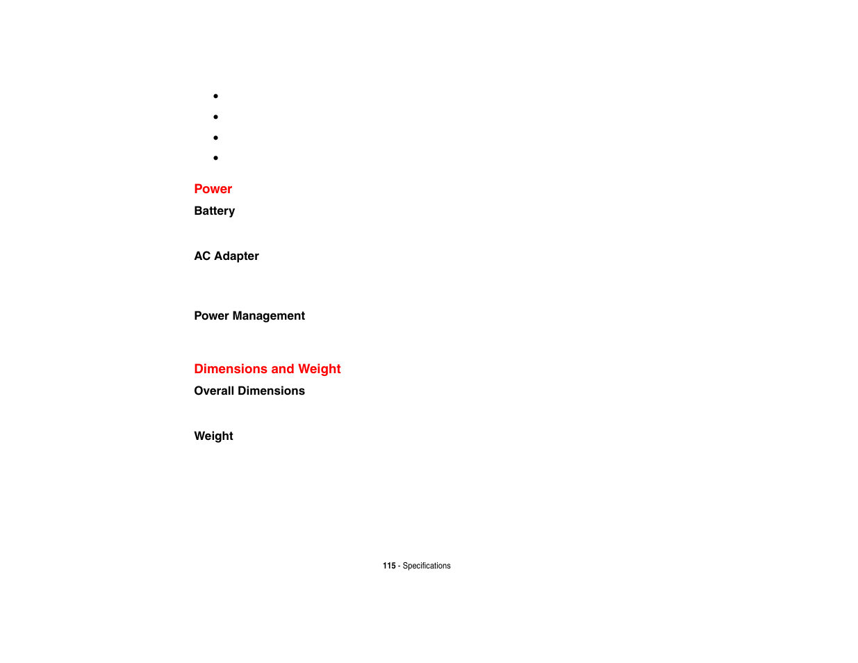 Power, Dimensions and weight, Power dimensions and weight | FUJITSU LifeBook A3210 User Manual | Page 120 / 183