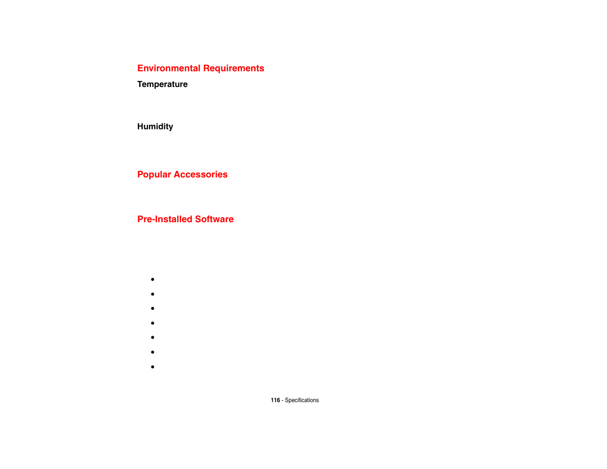 Environmental requirements, Popular accessories, Pre-installed software | FUJITSU LifeBook A3210 User Manual | Page 121 / 183