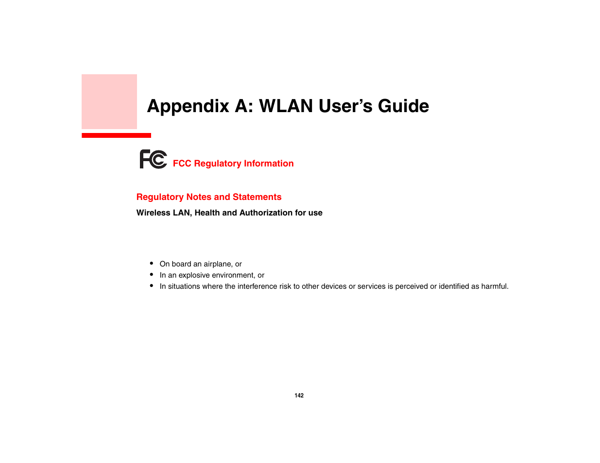 Appendix a: wlan user’s guide, Fcc regulatory information, Regulatory notes and statements | FUJITSU LifeBook A3210 User Manual | Page 147 / 183