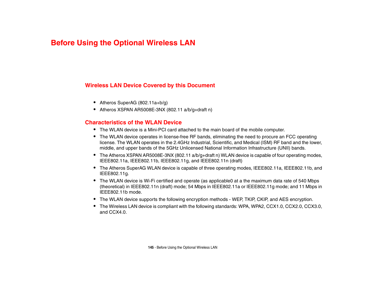 Before using the optional wireless lan, Wireless lan device covered by this document, Characteristics of the wlan device | Fore using the optional wireless lan | FUJITSU LifeBook A3210 User Manual | Page 150 / 183