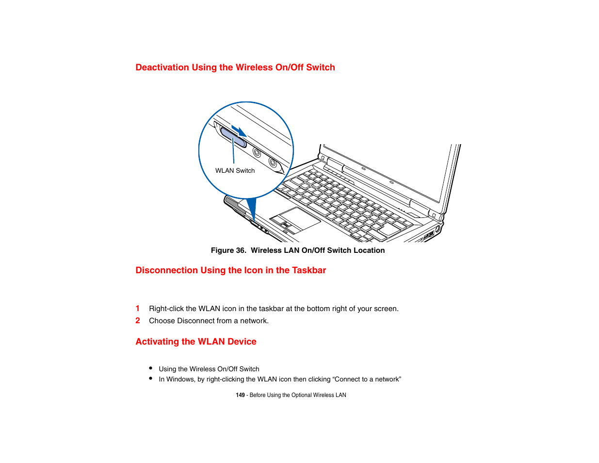 Deactivation using the wireless on/off switch, Disconnection using the icon in the taskbar, Activating the wlan device | FUJITSU LifeBook A3210 User Manual | Page 154 / 183