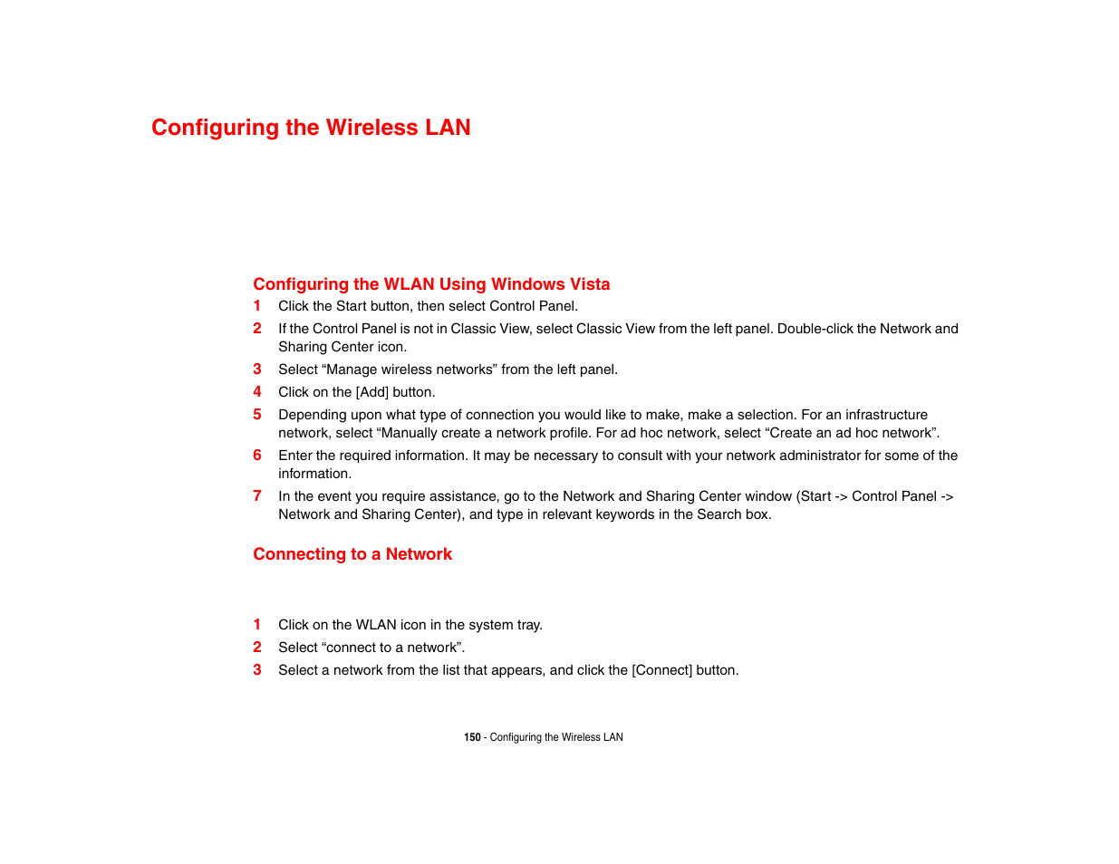 Configuring the wireless lan, Configuring the wlan using windows vista, Connecting to a network | FUJITSU LifeBook A3210 User Manual | Page 155 / 183