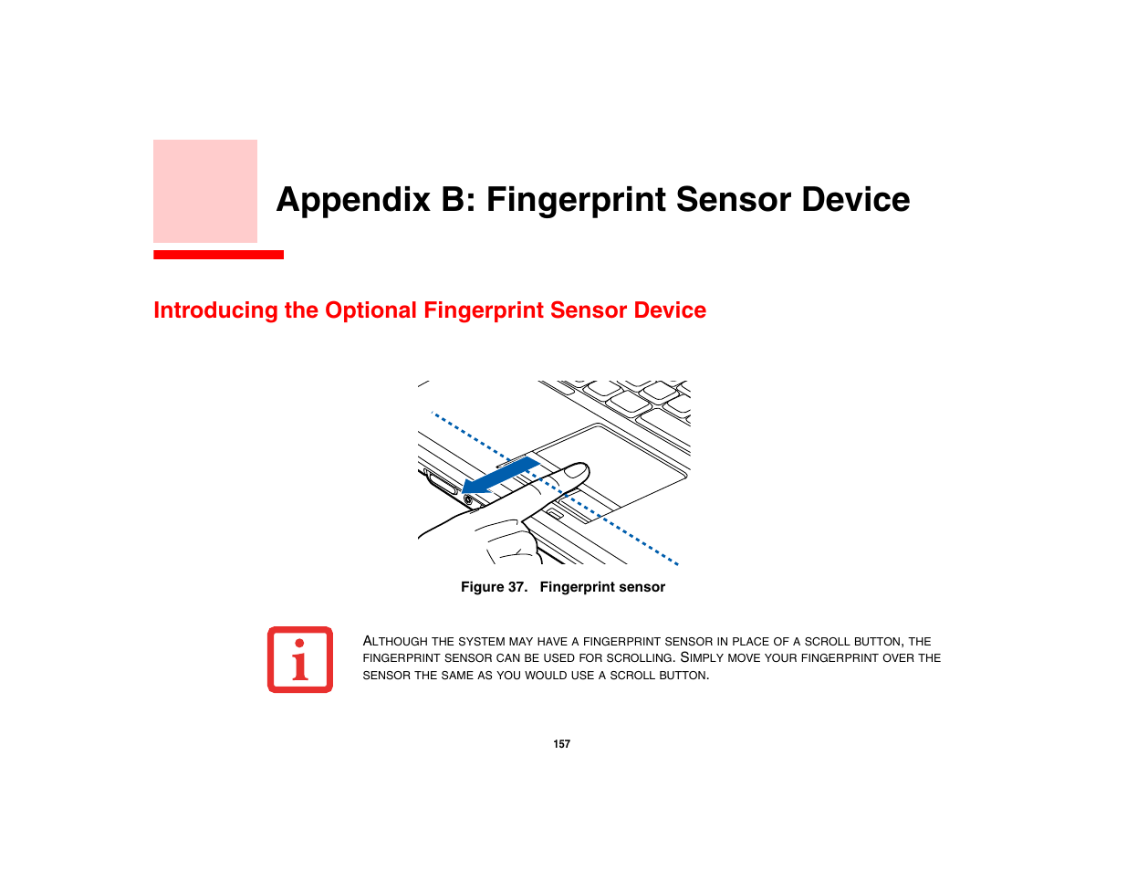 Appendix b: fingerprint sensor device, Introducing the optional fingerprint sensor device | FUJITSU LifeBook A3210 User Manual | Page 162 / 183