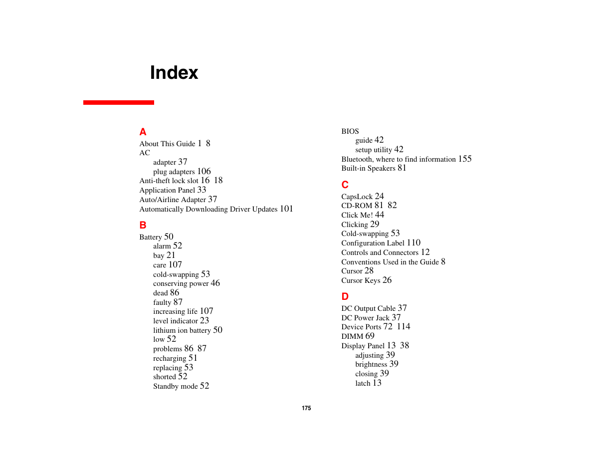 Index | FUJITSU LifeBook A3210 User Manual | Page 180 / 183