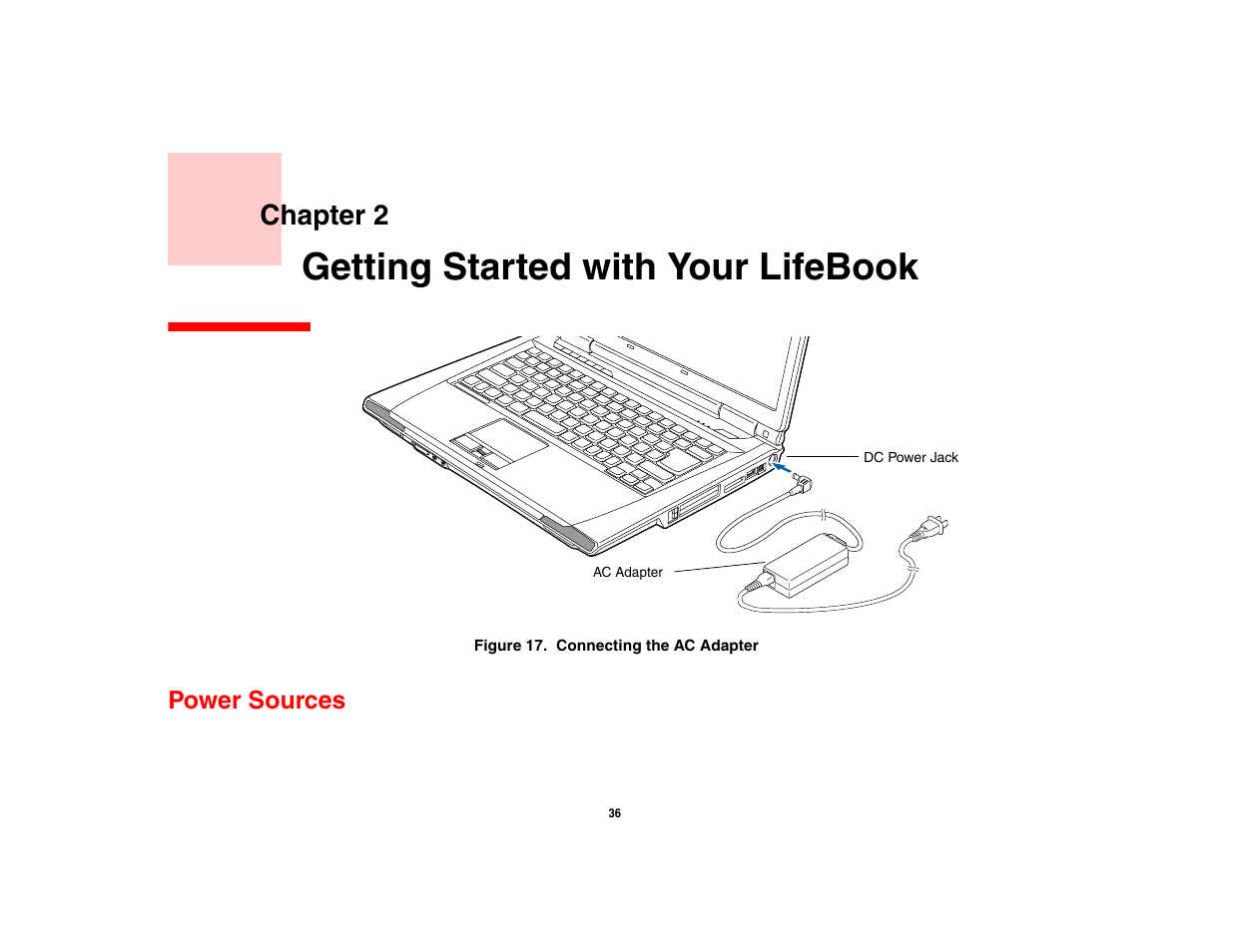 Getting started with your lifebook, Power sources, Chapter 2 | FUJITSU LifeBook A3210 User Manual | Page 41 / 183