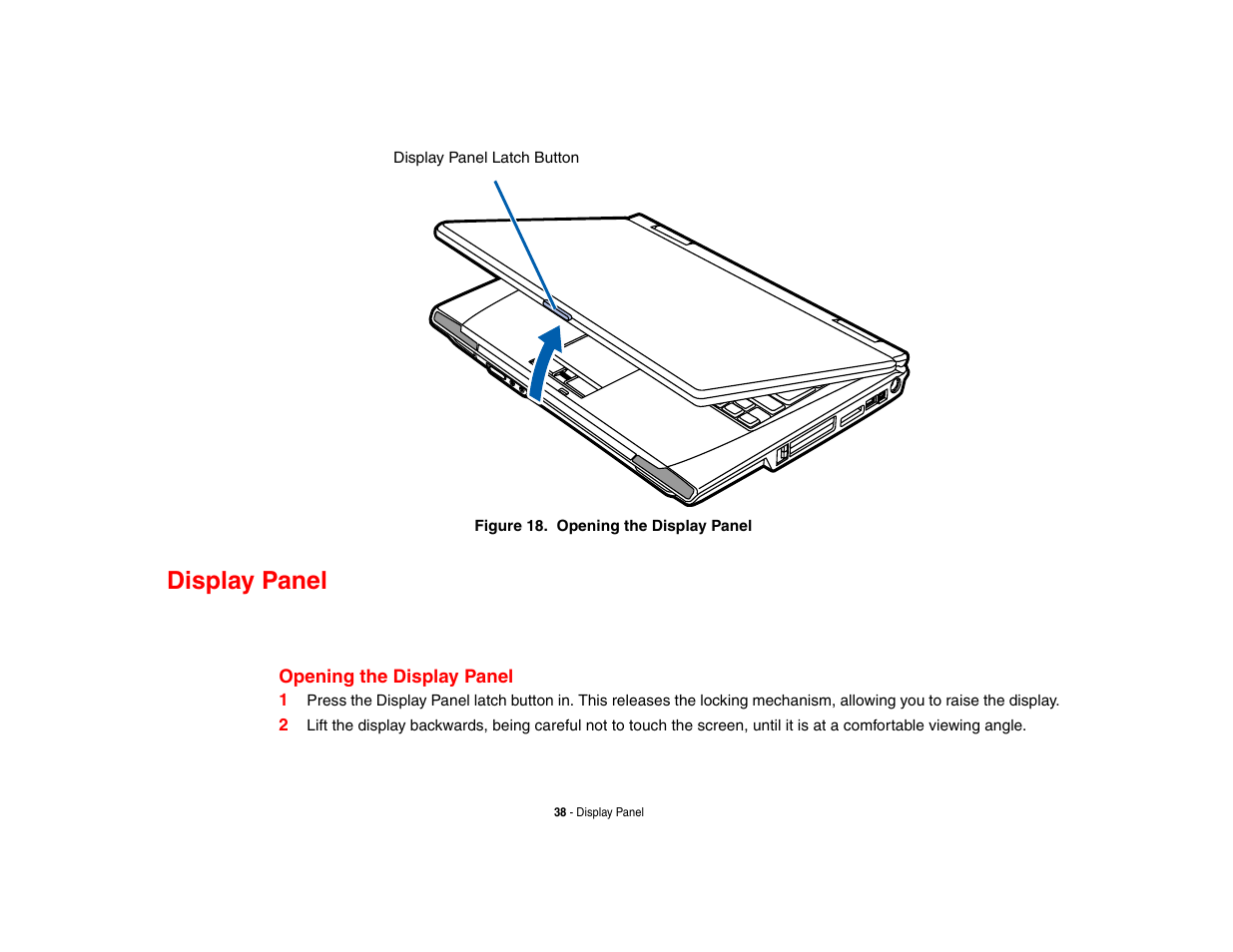 Display panel, Opening the display panel | FUJITSU LifeBook A3210 User Manual | Page 43 / 183