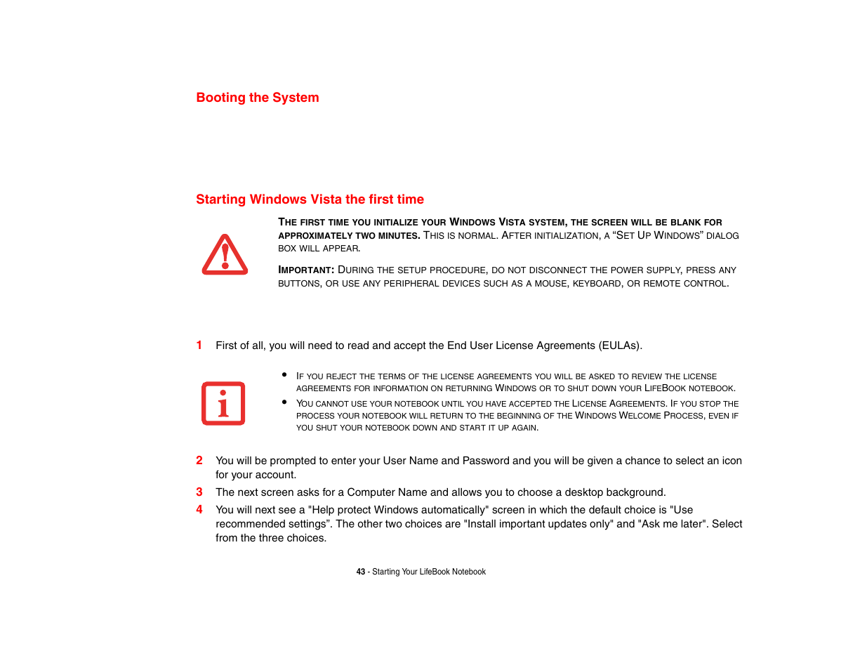 Booting the system, Starting windows vista the first time | FUJITSU LifeBook A3210 User Manual | Page 48 / 183