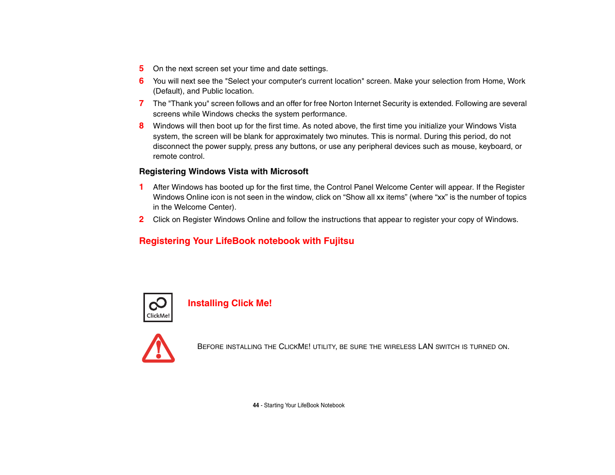 Registering your lifebook notebook with fujitsu, Installing click me | FUJITSU LifeBook A3210 User Manual | Page 49 / 183