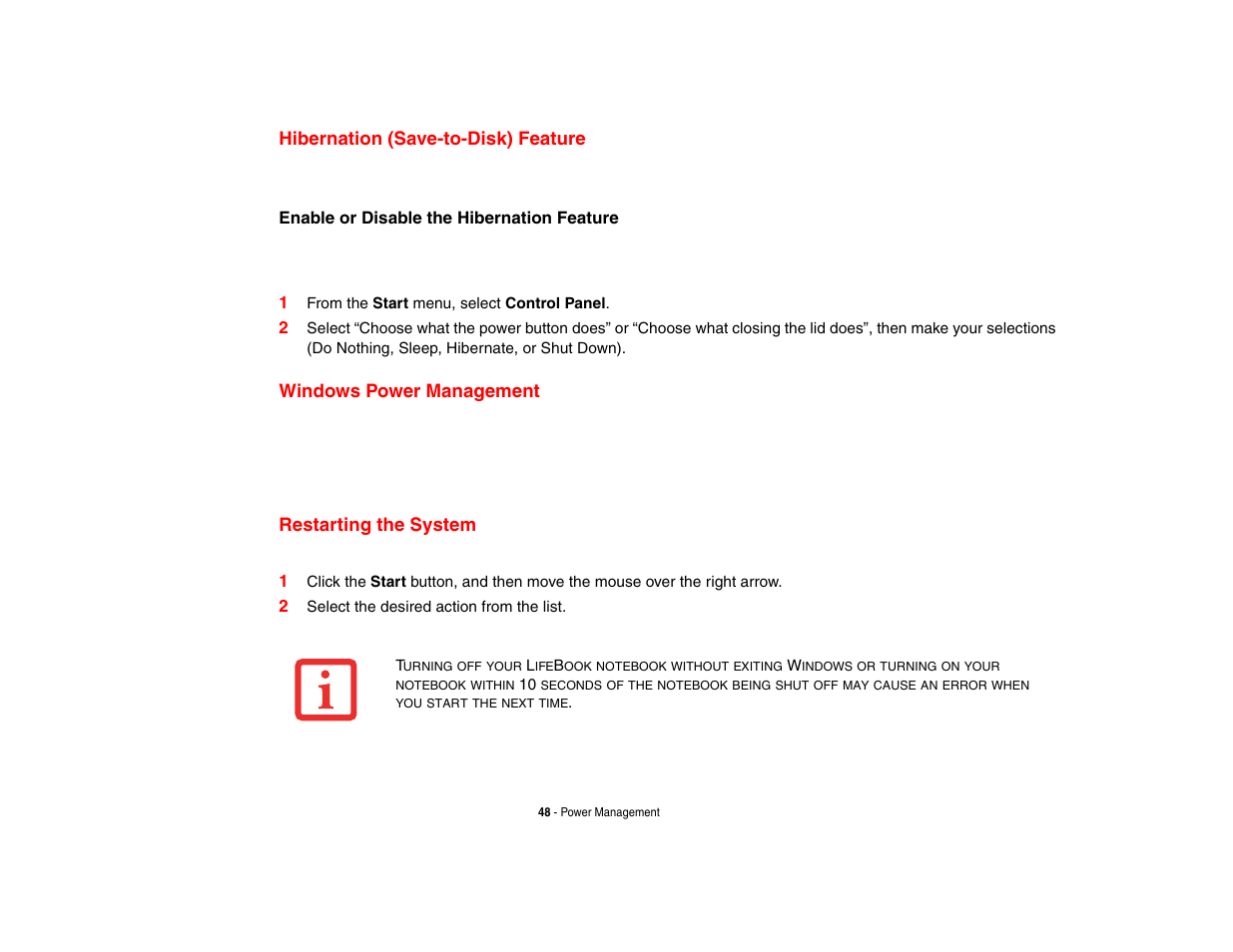 Hibernation (save-to-disk) feature, Windows power management, Restarting the system | FUJITSU LifeBook A3210 User Manual | Page 53 / 183