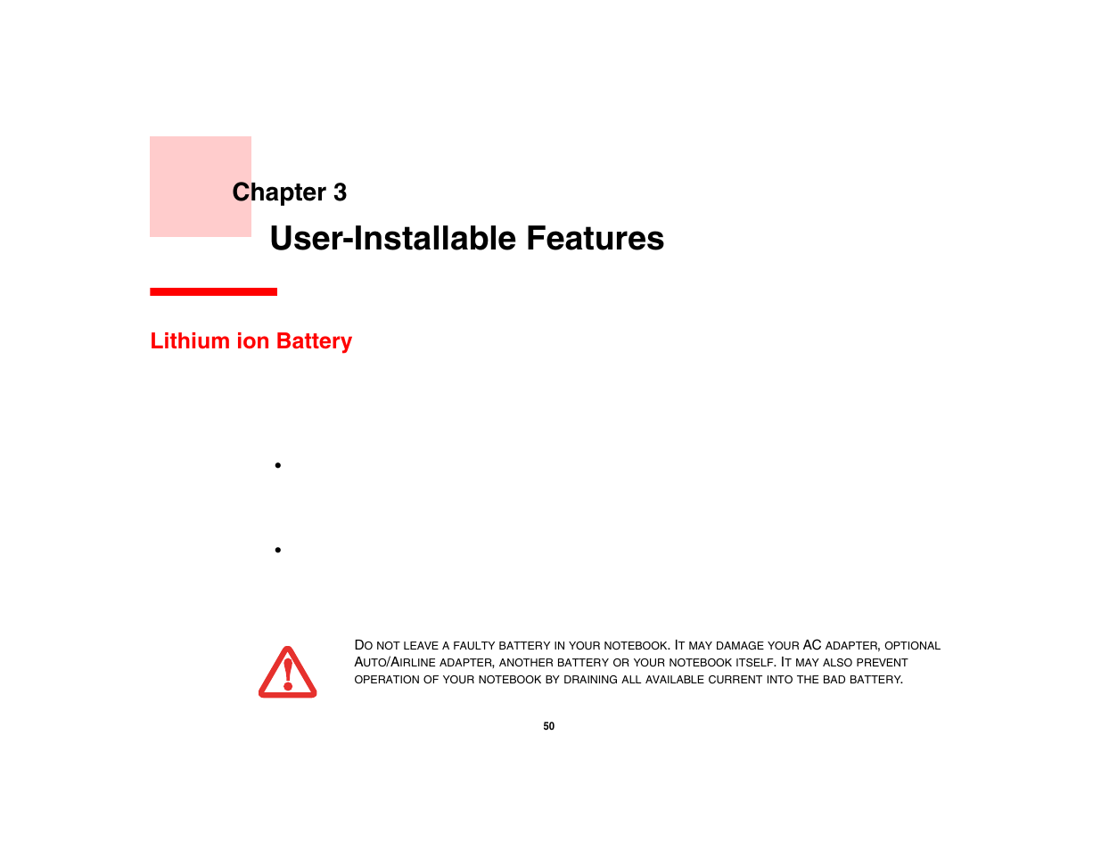 User-installable features, Lithium ion battery, Chapter 3 | FUJITSU LifeBook A3210 User Manual | Page 55 / 183