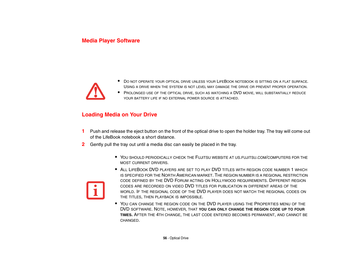 Media player software, Loading media on your drive, Media player software loading media on your drive | FUJITSU LifeBook A3210 User Manual | Page 61 / 183