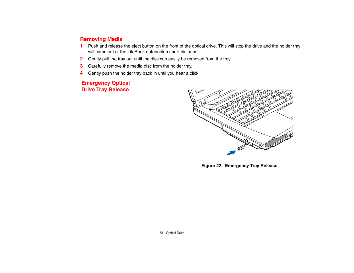 Removing media, Emergency optical drive tray release | FUJITSU LifeBook A3210 User Manual | Page 63 / 183