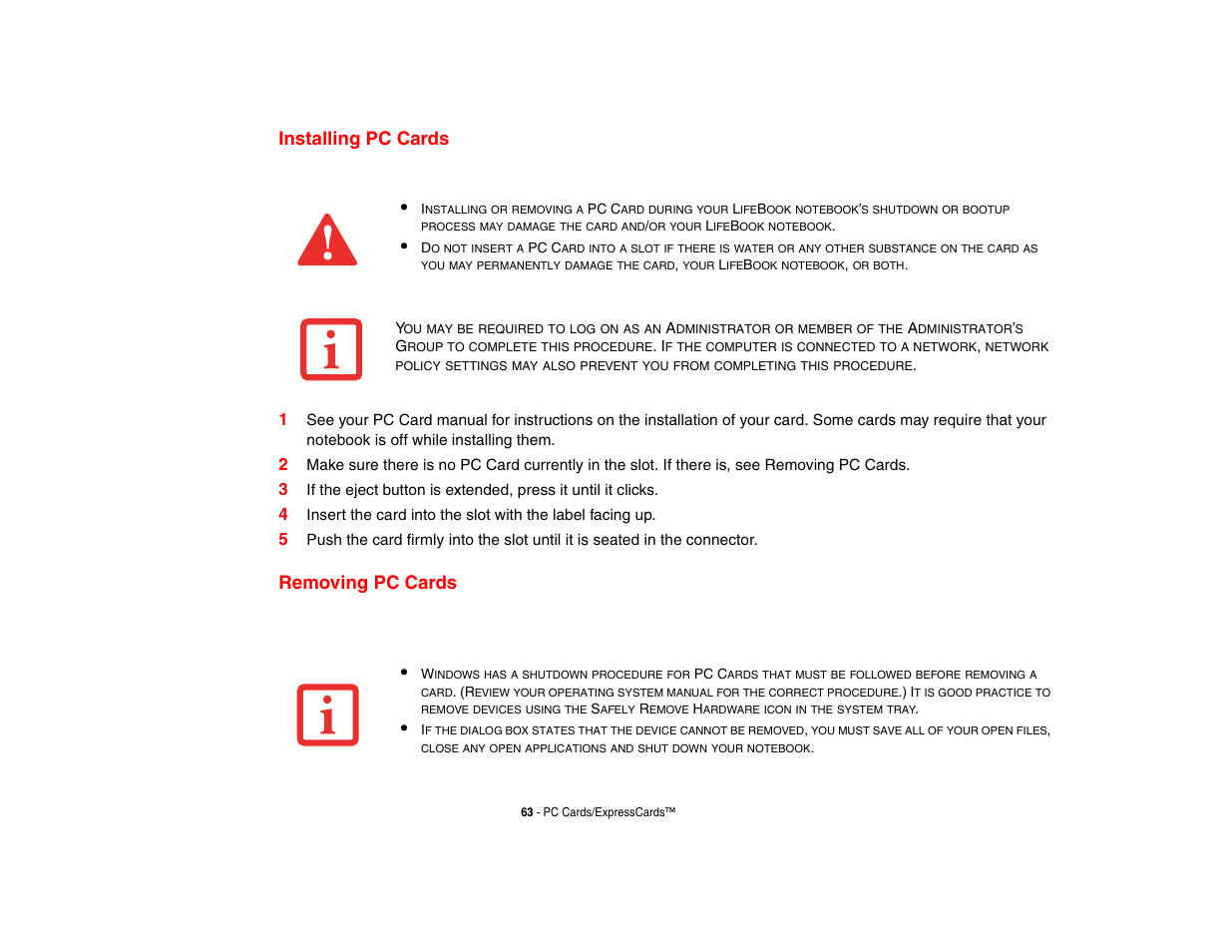 Installing pc cards, Removing pc cards, Installing pc cards removing pc cards | FUJITSU LifeBook A3210 User Manual | Page 68 / 183