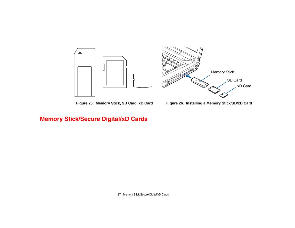 Memory stick/secure digital/xd cards | FUJITSU LifeBook A3210 User Manual | Page 72 / 183