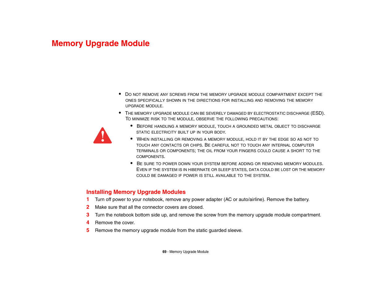 Memory upgrade module, Installing memory upgrade modules | FUJITSU LifeBook A3210 User Manual | Page 74 / 183