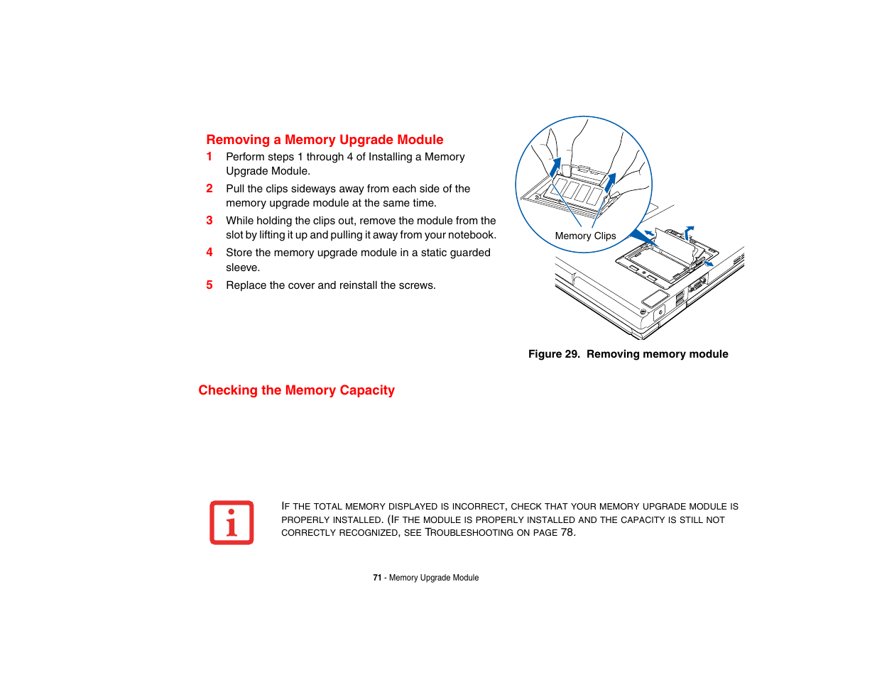 Removing a memory upgrade module, Checking the memory capacity | FUJITSU LifeBook A3210 User Manual | Page 76 / 183