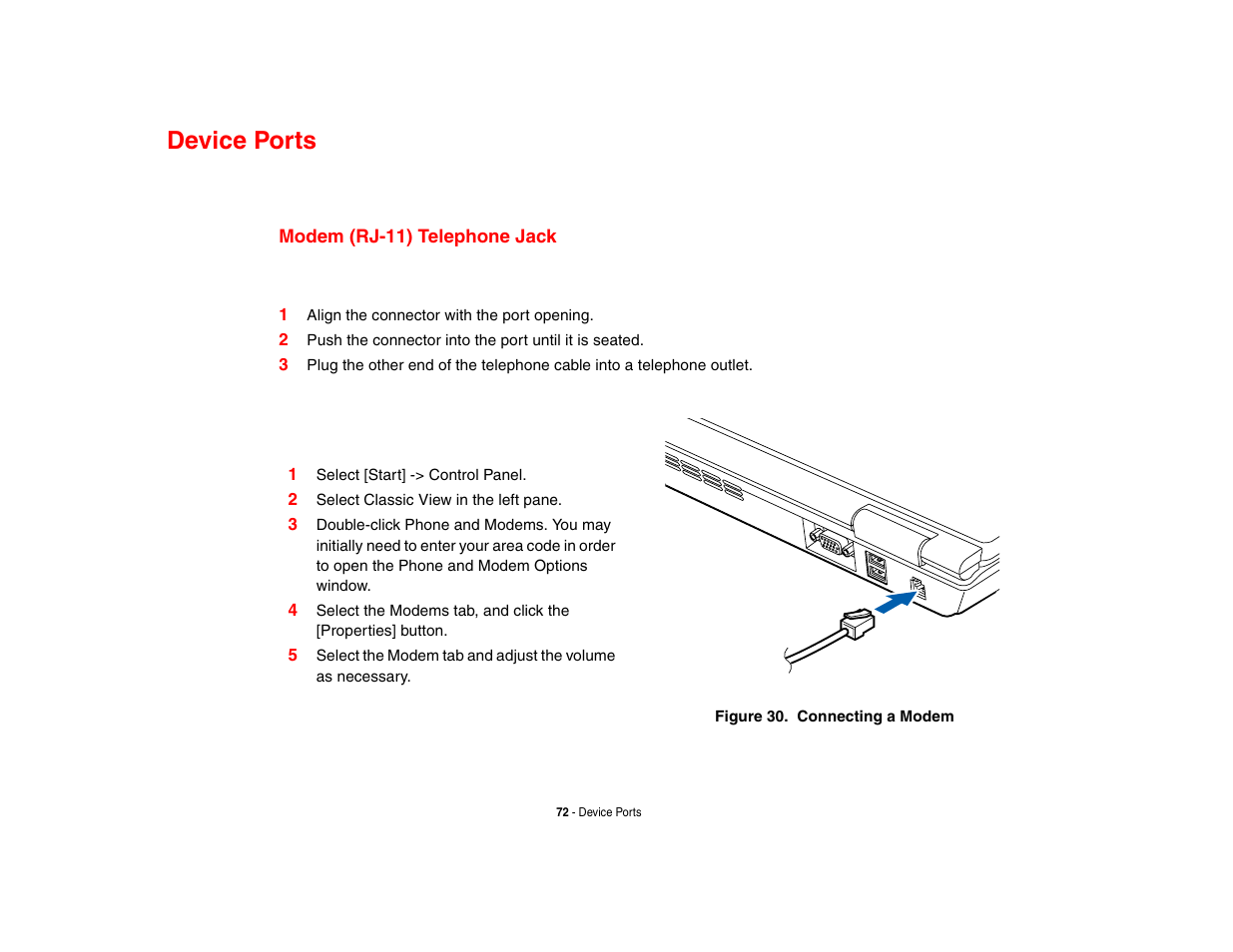 Device ports, Modem (rj-11) telephone jack | FUJITSU LifeBook A3210 User Manual | Page 77 / 183