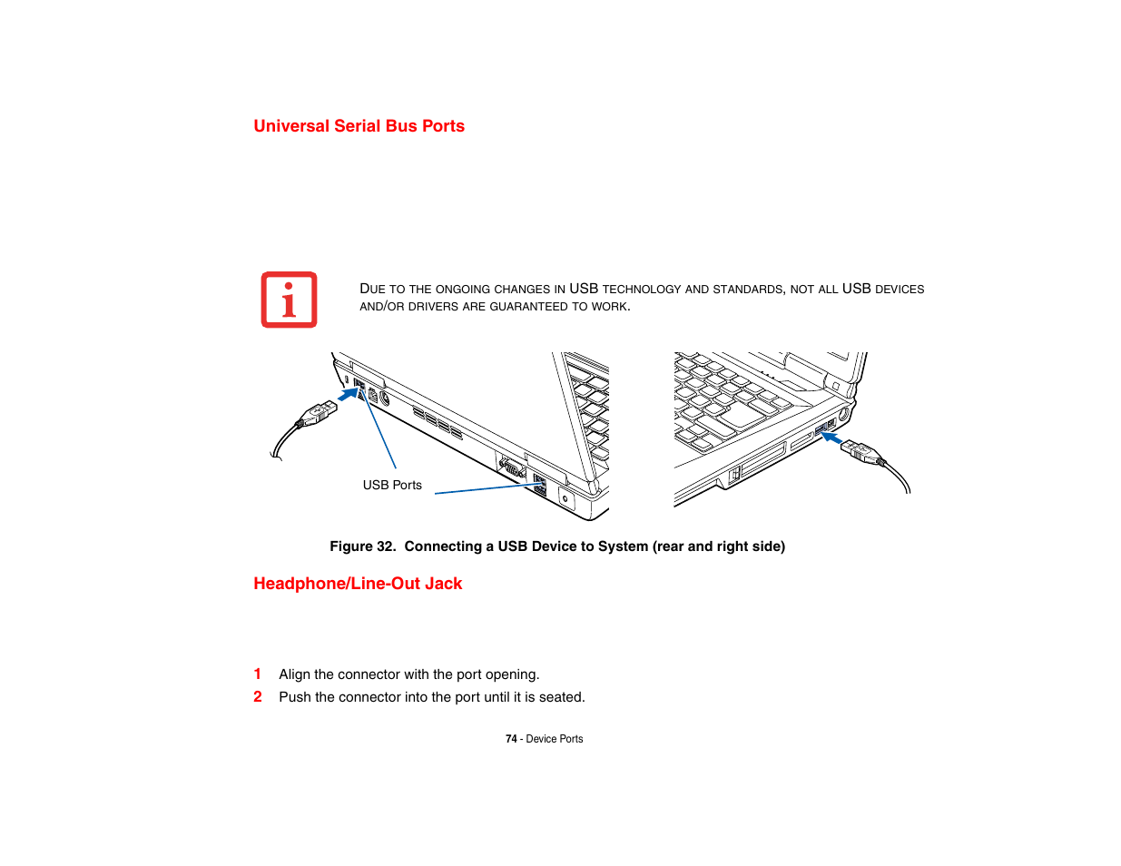 Universal serial bus ports, Headphone/line-out jack, Universal serial bus ports headphone/line-out jack | FUJITSU LifeBook A3210 User Manual | Page 79 / 183