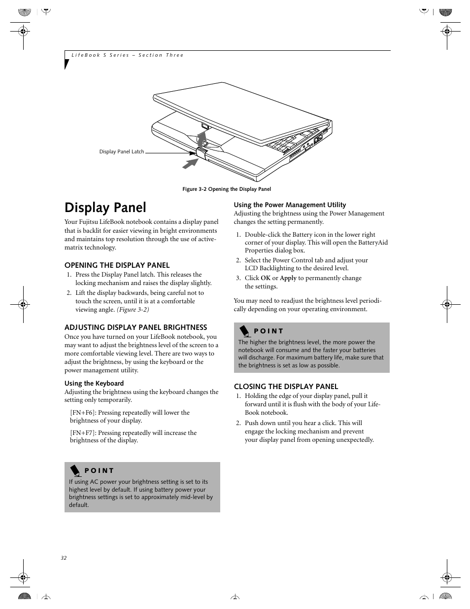Opening the display panel, Adjusting display panel brightness, Using the keyboard | Using the power management utility, Closing the display panel, Display panel | FUJITSU DVD Player User Manual | Page 42 / 108