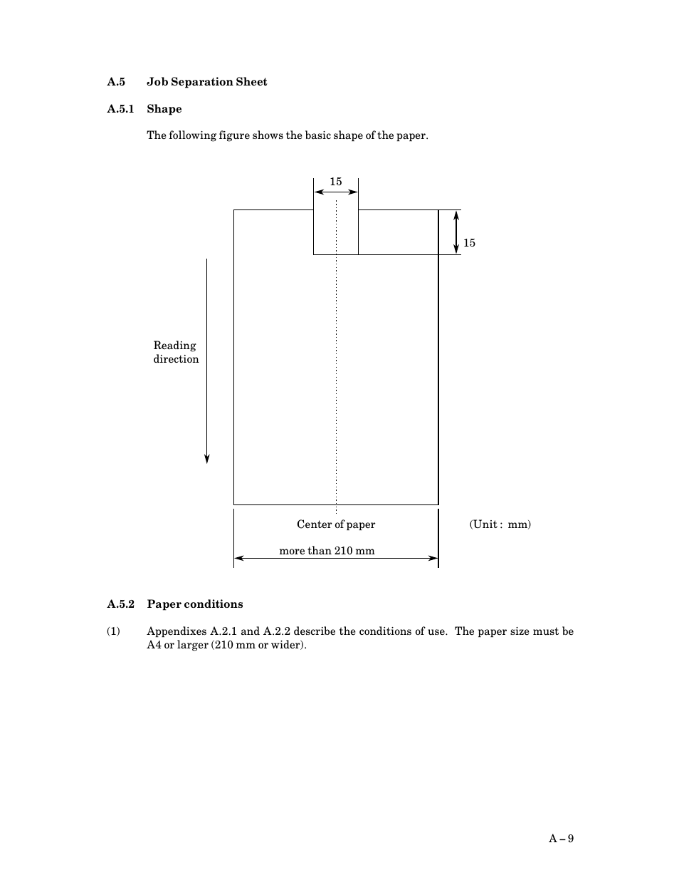 A.5 job separation sheet, A.5.1 shape, A.5.2 paper conditions | Job separation sheet, A $ 9, A.5.1, Shape, A.5.2, Paper conditions | FUJITSU M3093DG User Manual | Page 177 / 208