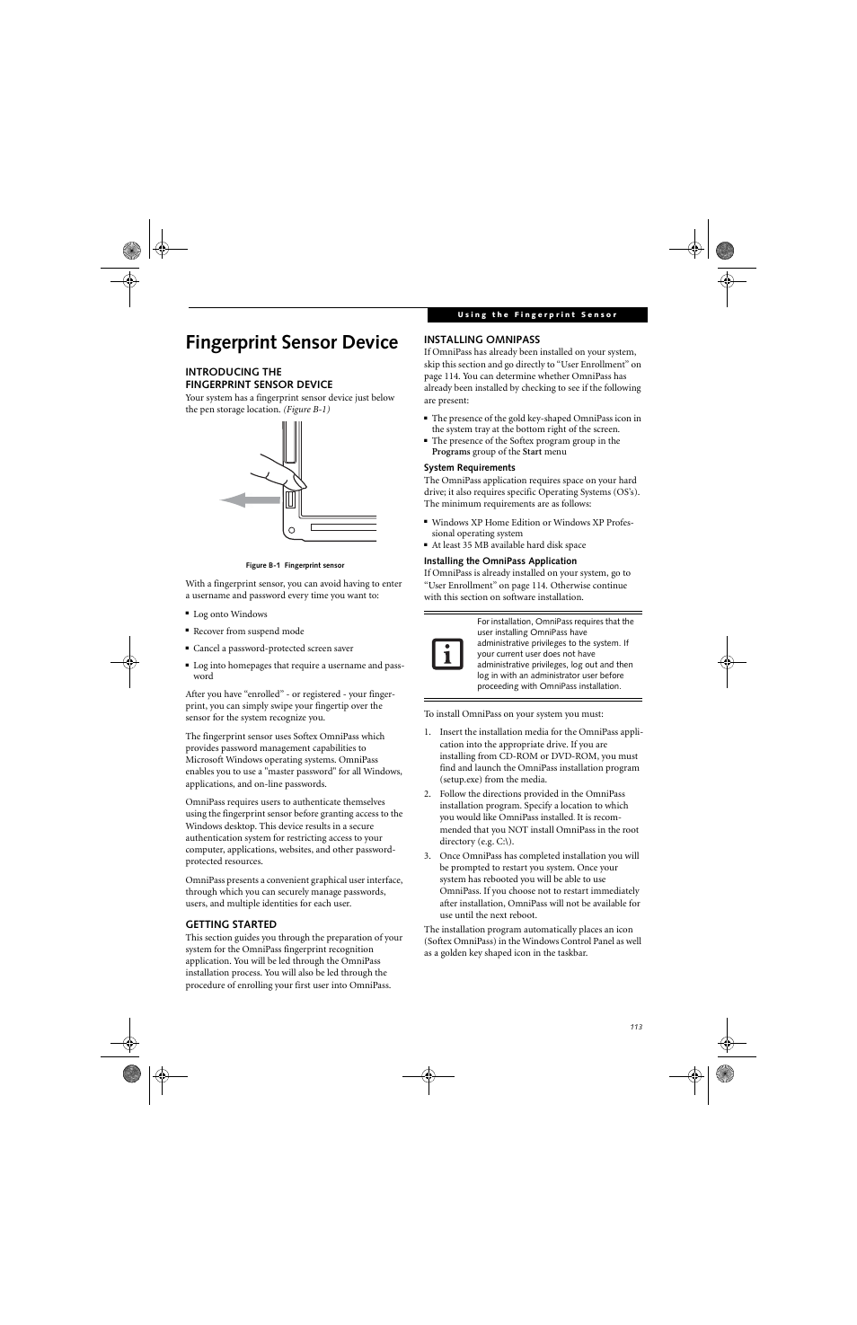 Fingerprint sensor device | FUJITSU LifeBook Tablet PC T4220 User Manual | Page 121 / 136