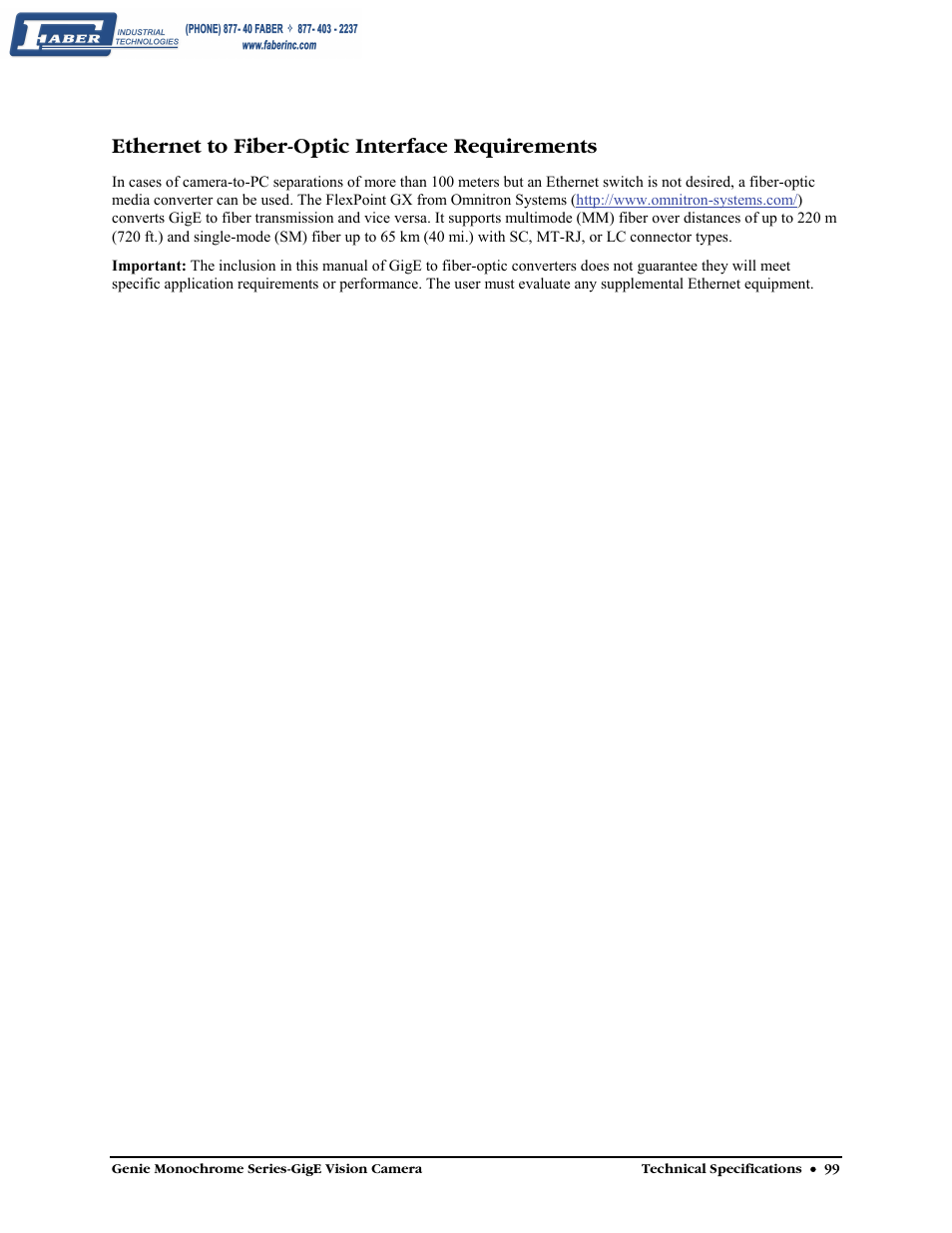 Ethernet to fiber-optic interface requirements | Faber Genie M1600 User Manual | Page 101 / 127
