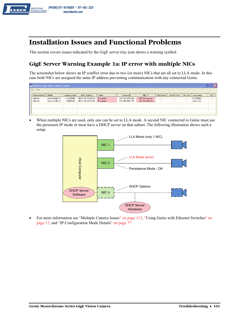 Installation issues and functional problems, Gige server warning, Example 1a: ip error with multiple nics | Faber Genie M1600 User Manual | Page 105 / 127