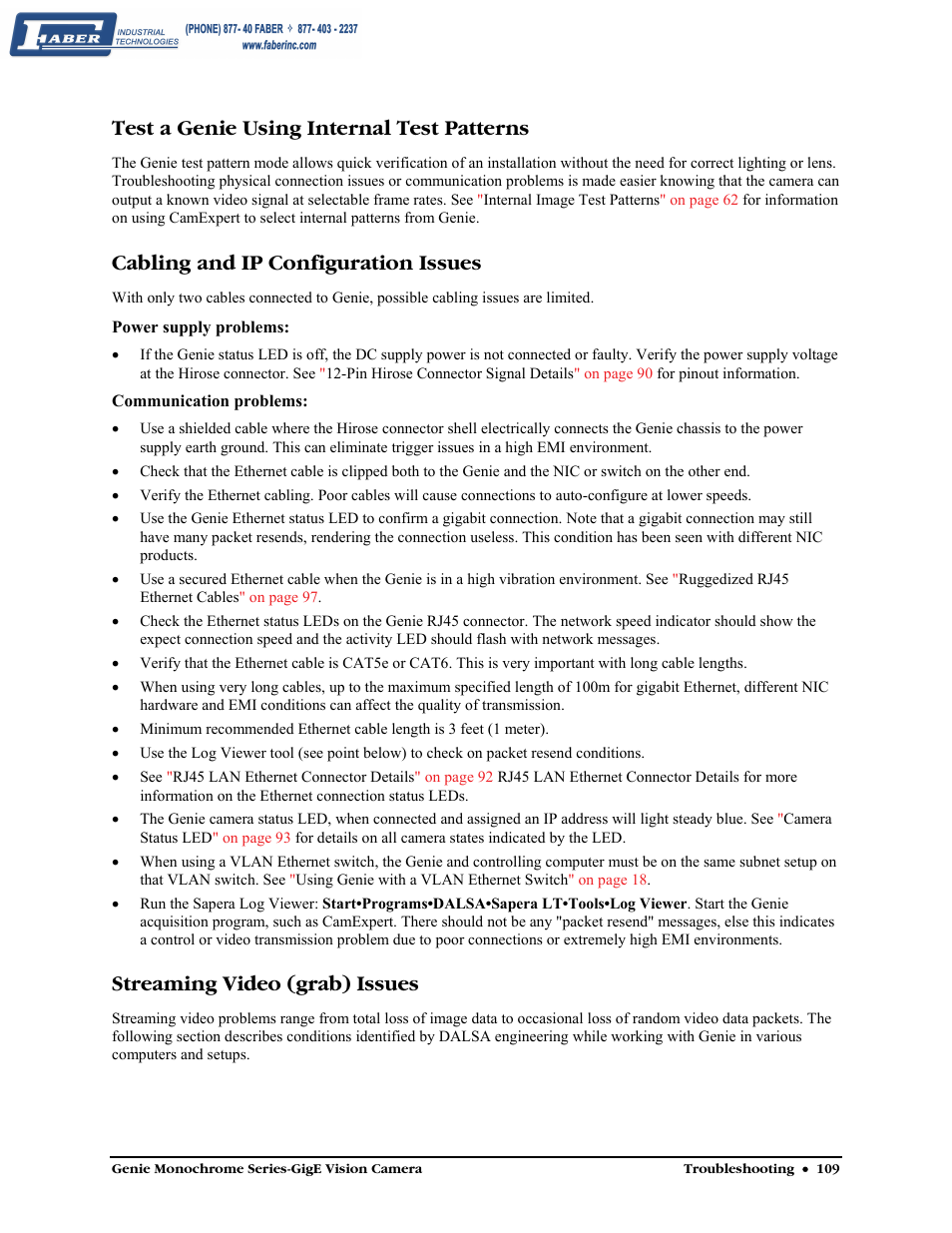 Test a genie using internal test patterns, Cabling and ip configuration issues, Streaming video (grab) issues | Faber Genie M1600 User Manual | Page 111 / 127