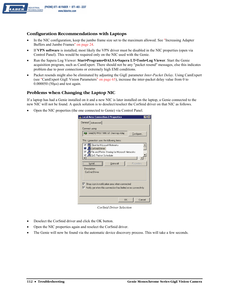 Configuration recommendations with laptops, Problems when changing the laptop nic | Faber Genie M1600 User Manual | Page 114 / 127