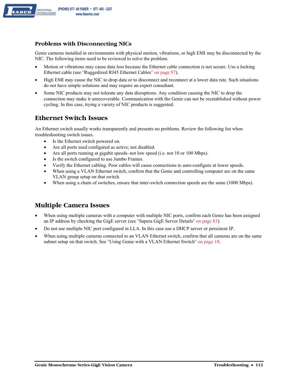 Problems with disconnecting nics, Ethernet switch issues, Multiple camera issues | Faber Genie M1600 User Manual | Page 115 / 127