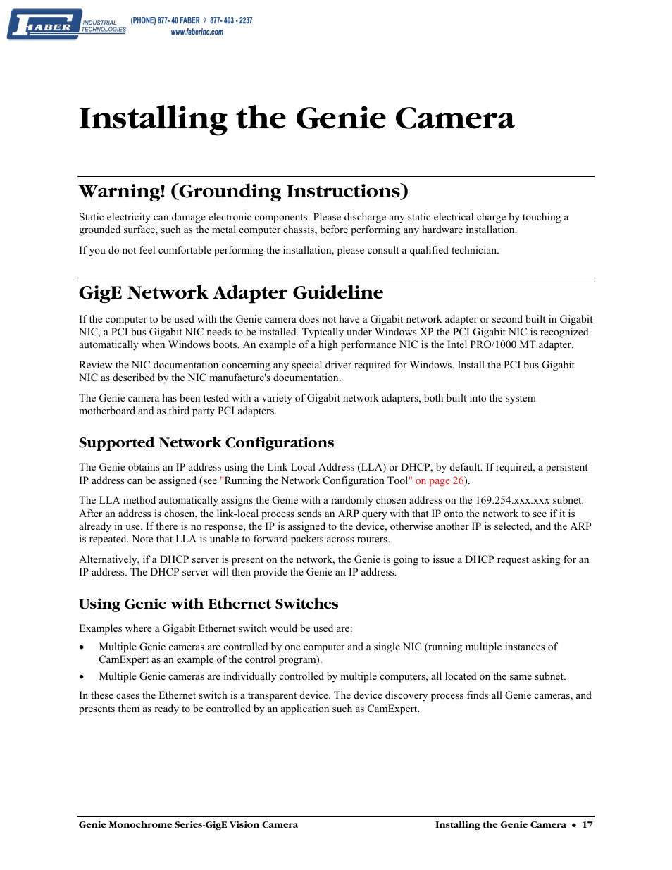 Installing the genie camera, Warning! (grounding instructions), Gige network adapter guideline | Supported network configurations, Using genie with ethernet switches | Faber Genie M1600 User Manual | Page 19 / 127