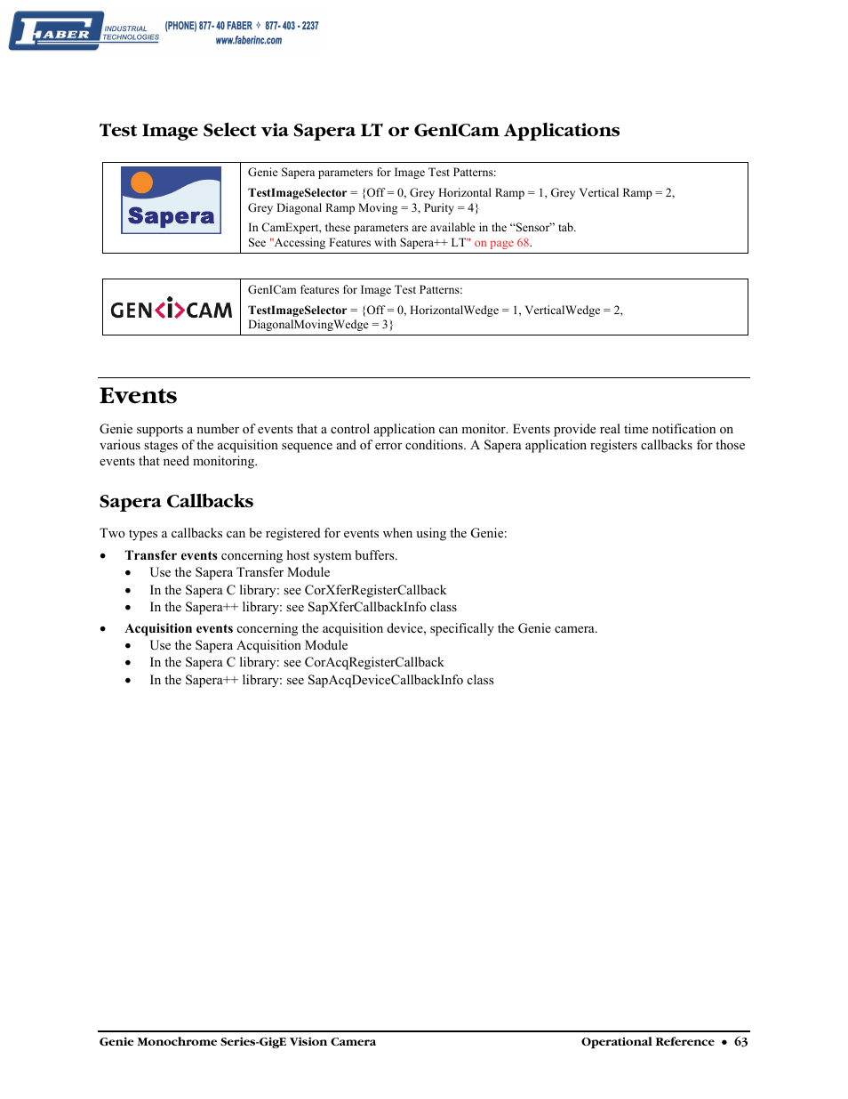 Events, Sapera callbacks, Sapera | Faber Genie M1600 User Manual | Page 65 / 127
