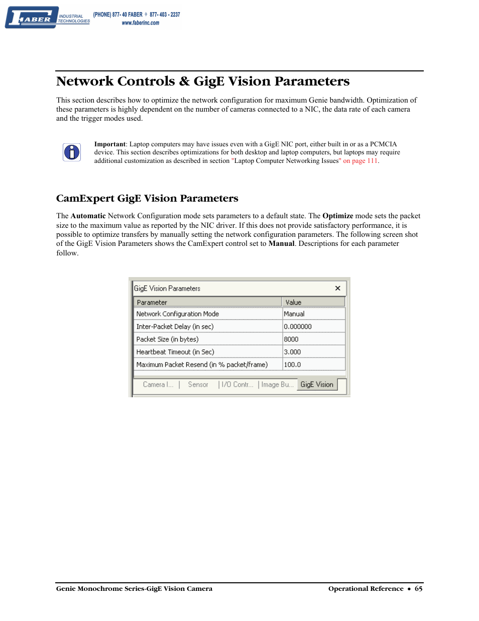 Network controls & gige vision parameters, Camexpert gige vision parameters | Faber Genie M1600 User Manual | Page 67 / 127