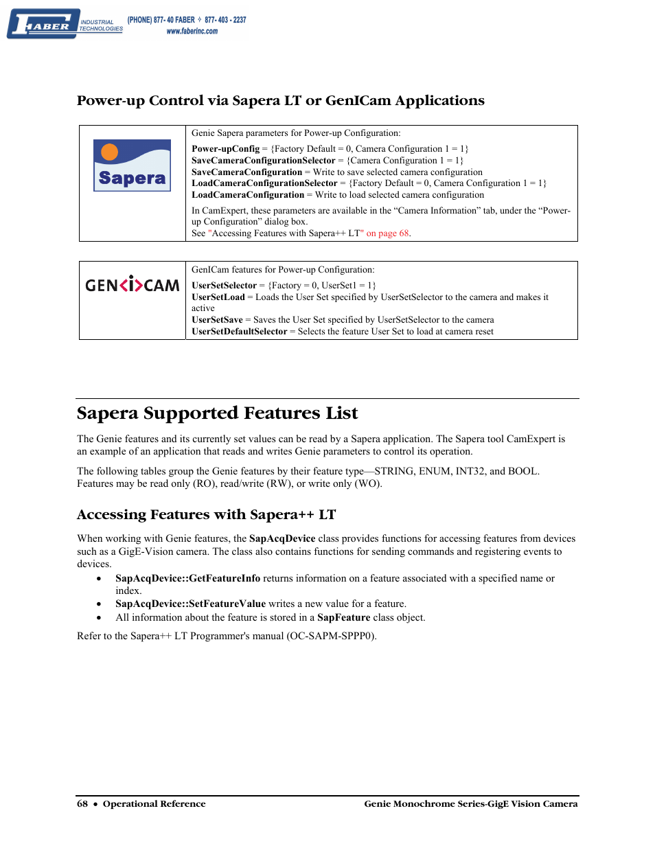 Sapera supported features list, Accessing features with sapera++ lt, Sapera | Faber Genie M1600 User Manual | Page 70 / 127