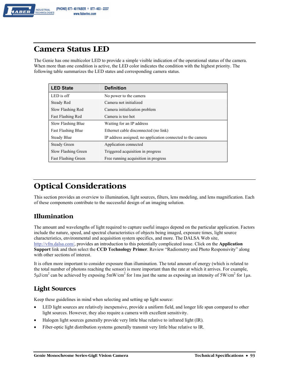 Camera status led, Optical considerations, Illumination | Light sources | Faber Genie M1600 User Manual | Page 95 / 127