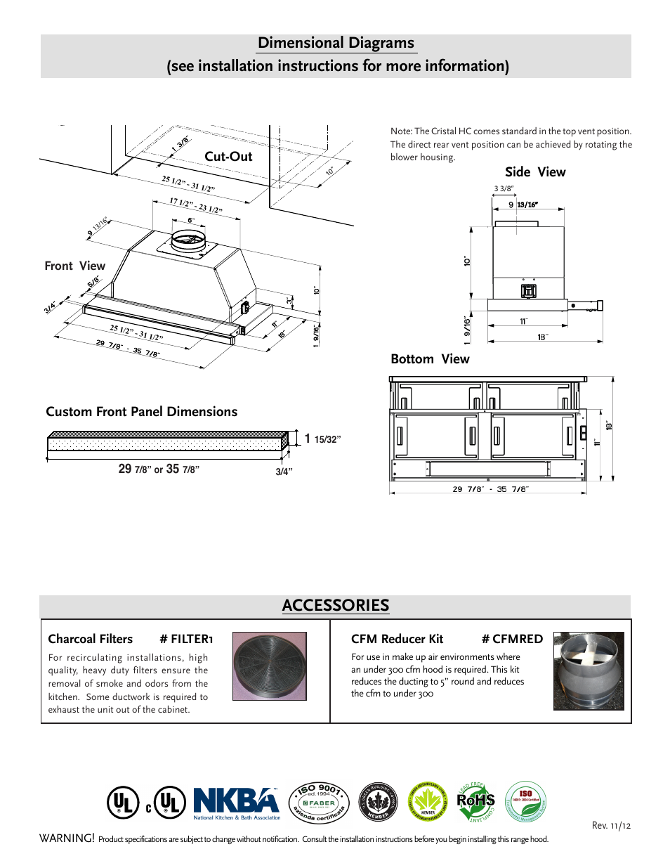 Accessories, Dimensional diagrams, Side view cut-out bottom view | Custom front panel dimensions | Faber CRIS30 User Manual | Page 2 / 2