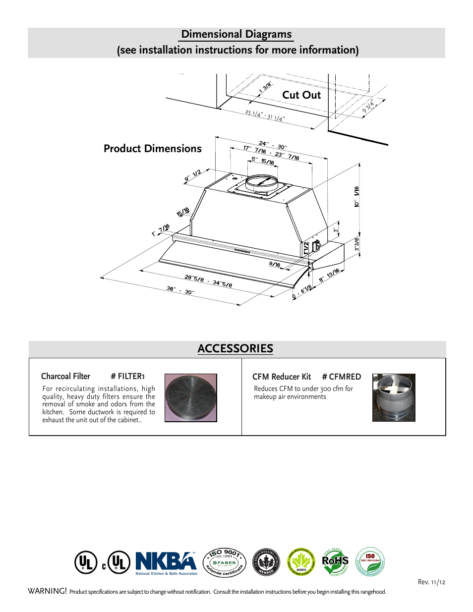 Accessories, Dimensional diagrams, Cut out product dimensions | Faber Velvet 630006508 User Manual | Page 2 / 2
