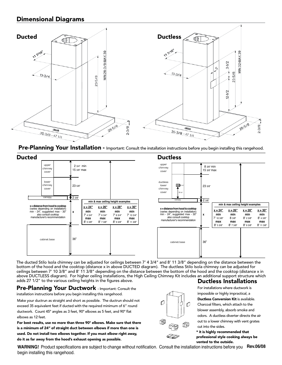 Dimensional diagrams, Ducted ductless, Pre-planning your installation | Pre-planning your ductwork, Ductless installations, Rev.06/08 | Faber 630006457 User Manual | Page 2 / 2