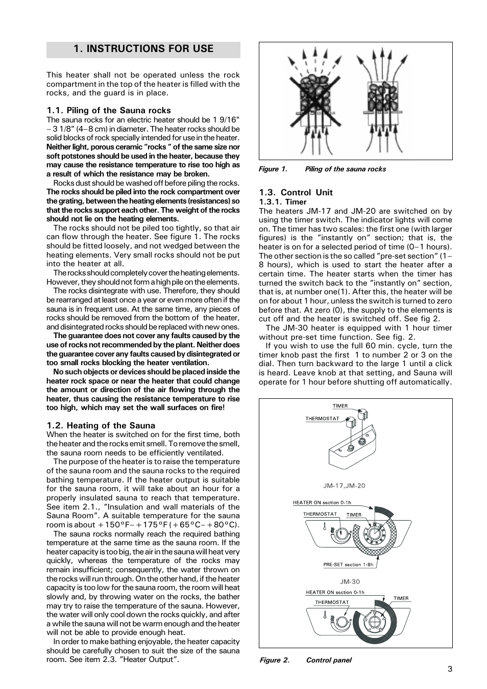 Instructions for use, Piling of the sauna rocks, Heating of the sauna | Control unit, Timer, Control unit 1.3.1. timer | Finlandia ELECTRIC SAUNA HEATER JM-17 User Manual | Page 3 / 12