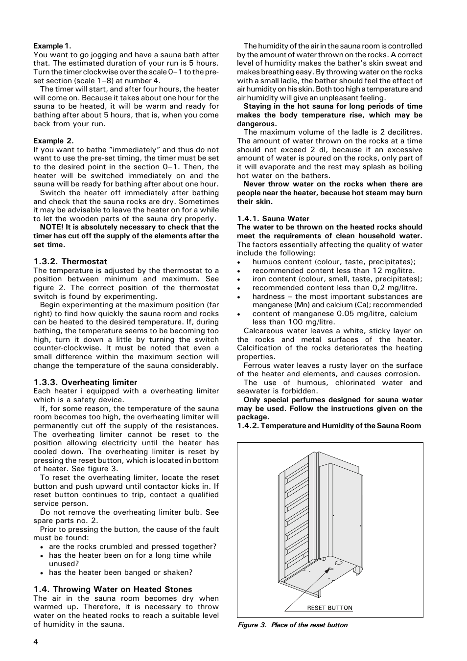Thermostat, Overheating limiter, Throwing water on heated stones 4 | Thermostat 1.3.3. overheating limiter | Finlandia ELECTRIC SAUNA HEATER JM-17 User Manual | Page 4 / 12