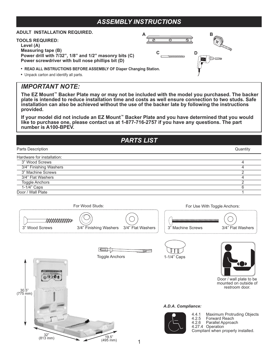 Assembly instructions, Parts list | Foundations 100-EVBP User Manual | Page 2 / 4