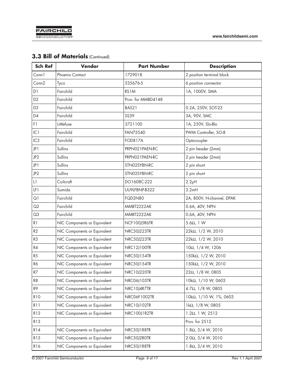 3 bill of materials | Fairchild FEB157-001 User Manual | Page 9 / 17