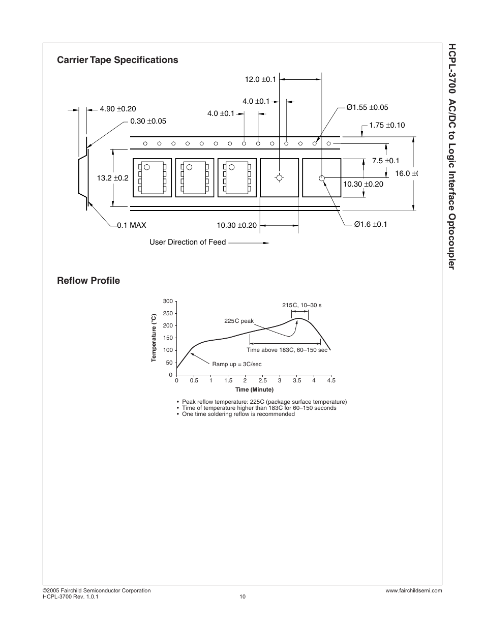 Hcpl-3700 a c/dc to logic interface optocoupler, Carrier tape specifications reflow profile | Fairchild AC/DC to Logic Interface Optocoupler HCPL-3700 User Manual | Page 10 / 11