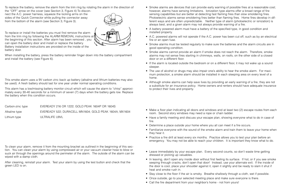 Limitations of smoke alarms, Good safety habits, Battery installation and removal | Cleaning your alarm, Develop and practice a plan of escape, What to do when the alarm sounds | Fyrnetics PE120 User Manual | Page 5 / 6