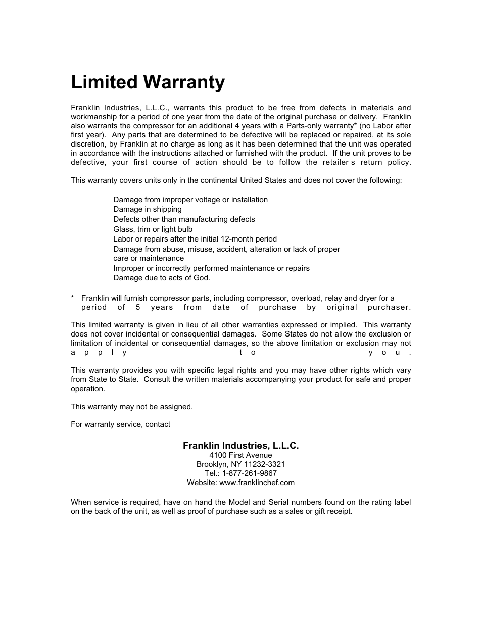 Limited warranty | Franklin Industries, L.L.C. FCR36OD User Manual | Page 12 / 25