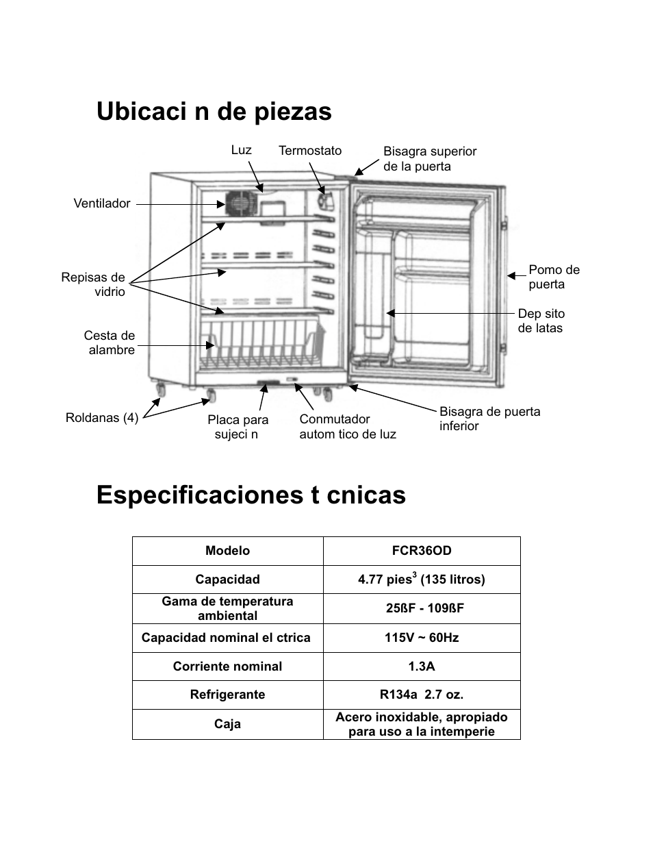 Ubicaci n de piezas especificaciones t cnicas | Franklin Industries, L.L.C. FCR36OD User Manual | Page 15 / 25